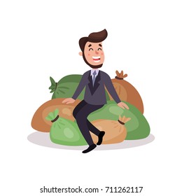 Happy millionaire character sitting on a pile of money bags colorful vector Illustration