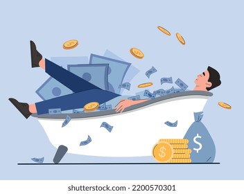 Happy millionaire concept. Man lies in bath with banknotes and coins. Successful entrepreneur or investor with profit and income. Financial literacy and economics. Cartoon flat vector illustration