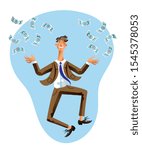 Happy millionaire flat vector illustration. Businessman in suit jumping under money rain cartoon character. Business success, jackpot victory isolated cliparts. Finance fortune design element