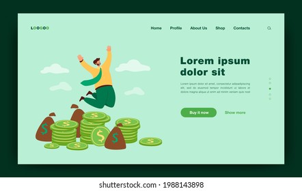 Happy millionaire jumping near pile of coins flat vector illustration. Cartoon businessman or banker celebrating income growth. Finance and stock market concept