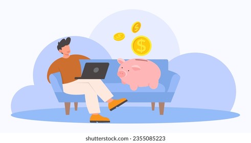 Happy millionaire Sitting on the sofa with Laptop.While Money Come