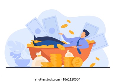 Happy millionaire taking bath with cash. Rich man and huge heap of money. Vector illustration for financial success, successful businessman, wealth concept