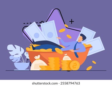 Happy millionaire taking bath with cash. Rich man and huge heap of money. Vector illustration for financial success, successful businessman, wealth concept