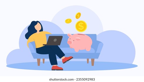 Happy millionaire woman Sitting on the sofa with Laptop.While Money Come