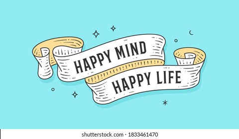 Feliz Vida Mental. Cinta vintage de la vieja escuela, tarjeta retro de saludo con cinta, texto Happy Life. Anuncio de motivación de cinta antigua en estilo grabado. Cinta ventilado para el afiche. Ilustración vectorial