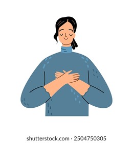 Happy mindful thankful woman holding hands on chest meditating with eyes closed isolated on white. Vector cartoon character feeling no stress, gratitude, mental health balance, peace of mind