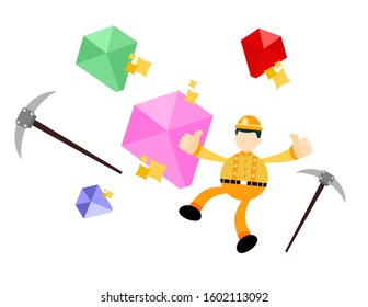 happy miner worker man dig jewel diamond cartoon doodle flat design style vector illustration