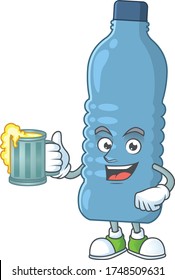 Happy mineral bottle mascot style toast with a glass of beer