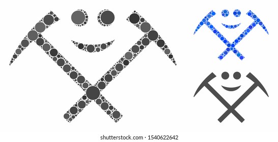 Happy mining hammers mosaic of filled circles in different sizes and shades, based on happy mining hammers icon. Vector filled circles are composed into blue collage.