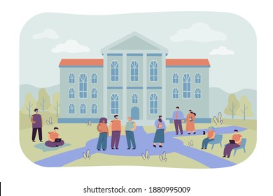 Happy mix-raced students walking in front of university building flat vector illustration. Cartoon people relaxing at campus yard. Landscape and exterior concept