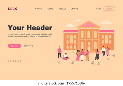 Happy mix-raced students walking in front of university building flat vector illustration. Cartoon people relaxing at campus yard. Landscape and exterior concept