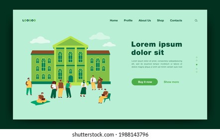 Happy Mix-raced Students Walking In Front Of University Building Flat Vector Illustration. Cartoon People Relaxing At Campus Yard. Landscape And Exterior Concept