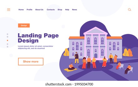 Happy mix-raced students walking in front of university building flat vector illustration. Cartoon people relaxing at campus yard. Landscape and exterior concept