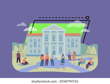 Happy mix-raced students walking in front of university building flat vector illustration. Cartoon people relaxing at campus yard. Landscape and exterior concept