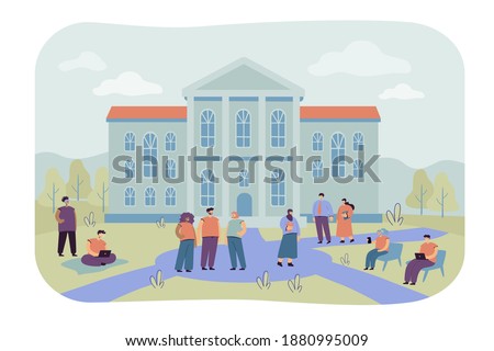 Happy mix-raced students walking in front of university building flat vector illustration. Cartoon people relaxing at campus yard. Landscape and exterior concept