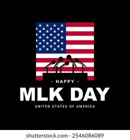 Happy MLK Day concept. Silhouette of podium with several microphones in front of American Flag.