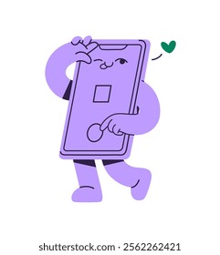 Happy mobile phone character posing to take selfie photo. Cute smartphone mascot does photography. Funny telephone smiles, does camera shot. Flat isolated vector illustration on white background