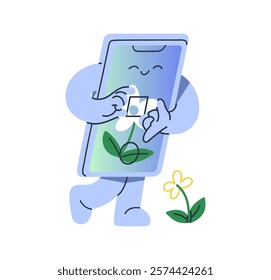 Happy mobile phone takes photos of cute flower. Funny character of smartphone does shots, snapshots by camera. Telephone mascot does photography. Flat isolated vector illustration on white background