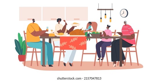 Happy Modern African Family Characters Mother, Father, Granny and Little Kids Having Dinner Around Table with Food. People Eating Meal, Cheerful Parents and Children Lunch. Cartoon Vector Illustration