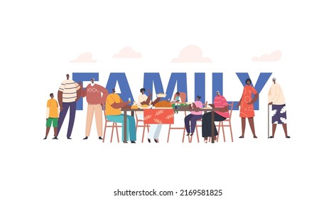 Happy Modern African Family Concept. Characters Mother, Father, Granny And Little Kids Having Dinner Around Table With Food. People Eat Meal Poster, Banner, Flyer. Cartoon People Vector Illustration