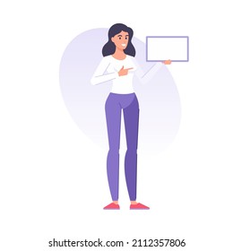 Happy modern brunette woman pointing forefinger rectangle empty copy space banner billboard vector flat illustration. Smiling young business female performance marketing advertising message isolated