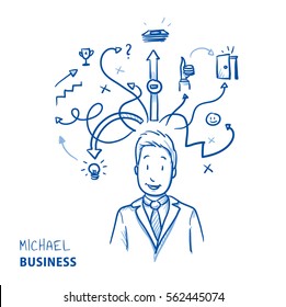 Happy modern business man, with arrows and strategy icons, concept for planning, strategy, idea. Hand drawn line art cartoon vector illustration.