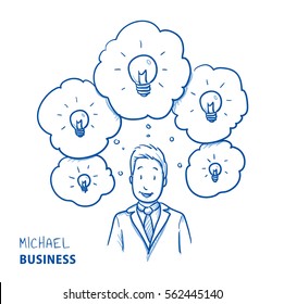 Happy modern business man, with lots of ideas in thought bubbles, concept for ideas, innovation, creativity. Hand drawn line art cartoon vector illustration.