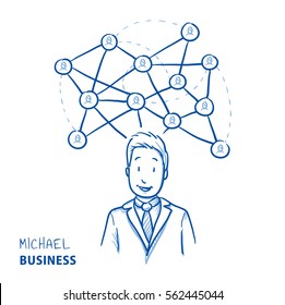 Happy modern business man, with network lines and icons, concept for social network team. Hand drawn line art cartoon vector illustration.