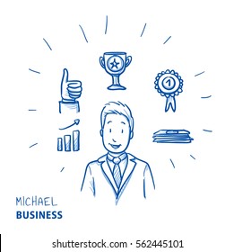 Happy modern business man, with success and winners icons, concept for leader, best employee. Hand drawn line art cartoon vector illustration.