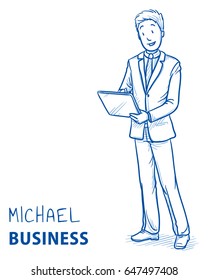 Happy modern business man with a tablet screen in his hand. Hand drawn line art cartoon vector illustration.