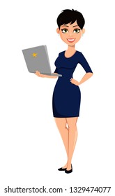 Happy modern business woman with short haircut. Beautiful lady businesswoman holding laptop. Attractive cartoon character for any purposes. Vector illustration