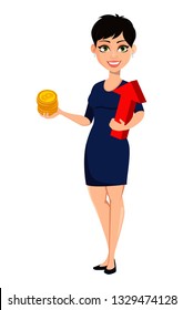 Happy modern business woman with short haircut. Beautiful lady businesswoman holding bitcoins and red arrow. Attractive cartoon character for any purposes. Vector illustration