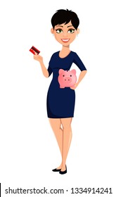 Happy modern business woman with short haircut. Beautiful lady businesswoman holding credit card and piggy bank. Attractive cartoon character for any purposes. Vector illustration