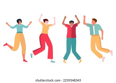Happy modern employees jumping with their hands up. Flat vector illustration.