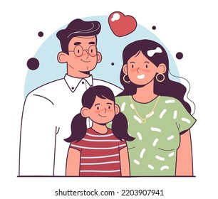 Happy modern family. Man, woman and child stand side by side with each other. Love, happiness and family values concept. Flat vector illustration