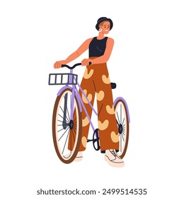 Happy modern girl in bicycle ride. Young woman in stylish fashion outfit, enjoying cycling. Attractive female cyclist on bike, trendy style. Flat vector illustration isolated on white background