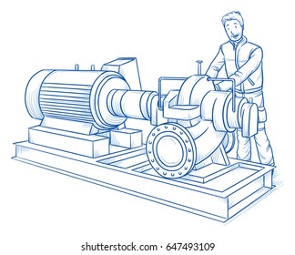 Happy modern male mechanics or worker, checking or operating an industrial pump. Hand drawn line art cartoon vector illustration.