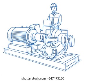 Happy modern male technician, with laptop in his hands and safety helmet checking data of an industrial pump with his laptop. Hand drawn line art cartoon vector illustration.