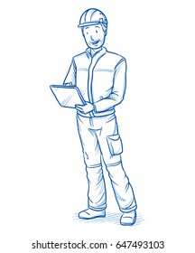 Happy modern male technician or mechanics, with tablet in his hands and checking data. Hand drawn line art cartoon vector illustration.