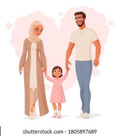 Happy modern Muslim family holding hands and walking. Cartoon vector illustration isolated on white background.