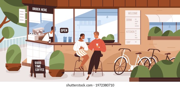 Happy modern people sitting on chairs at street kiosk or coffee shop. Couple with bicycles resting near small grab-and-go cafeteria in summer. Colored flat vector illustration of city lifestyle