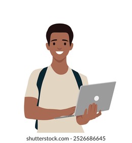 Happy modern student holding laptop. Flat vector illustration isolated on white background