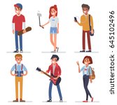 Happy modern teenagers characters - boys and girls.  Flat style vector illustration isolated on white  background.