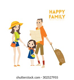 Happy modern urban tourist family with parents and child ready for vacation vector cartoon illustration