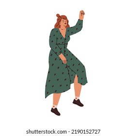 Happy modern woman dancing with joy. Young smiling girl moving to music. Female dancer character in fashion stylish outfit, dress and sneakers. Flat vector illustration isolated on white background