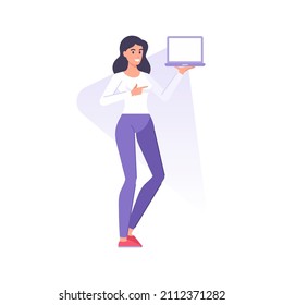 Happy modern woman pointing finger on laptop screen empty copy space internet marketing vector flat illustration. Smiling female pointer forefinger computer online service order shipping isolated