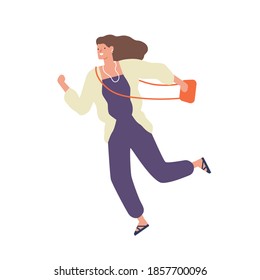 Happy modern woman running for sale. Scene of female character in a hurry for discount. Stylish woman with crossbody bag. Flat vector cartoon illustration isolated on white