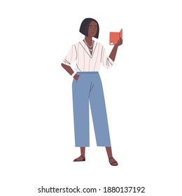 Happy modern young african woman reading book standing isolated on white background. Smiling female reader enjoying literature or preparing for exam. Colorful flat vector illustration