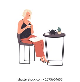 Happy modern young woman reading book sitting in cafe. Smart female reader enjoying literature over cup of tea or coffee or studying and preparing for exam. Colorful flat vector illustration