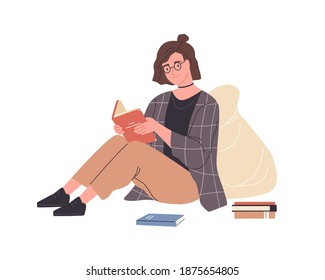 Happy modern young woman reading book sitting on floor. Smart female reader in glasses enjoying literature or studying and preparing for exam. Colorful flat vector illustration